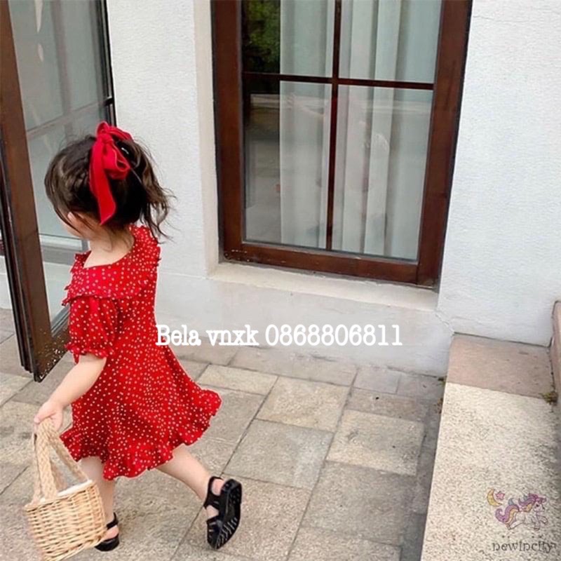 [TRANMAY3 GIẢM 10k ĐƠN 50k] bela vnxk_váy hè cho bé gái_váy thiết kế bela vnxk _váy châm bi đỏ cho bé 7-20kg