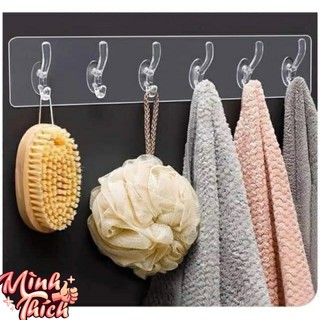 Móc dán tường , thanh treo đồ dán tường 6 móc liền mạch trong suốt siêu chắc