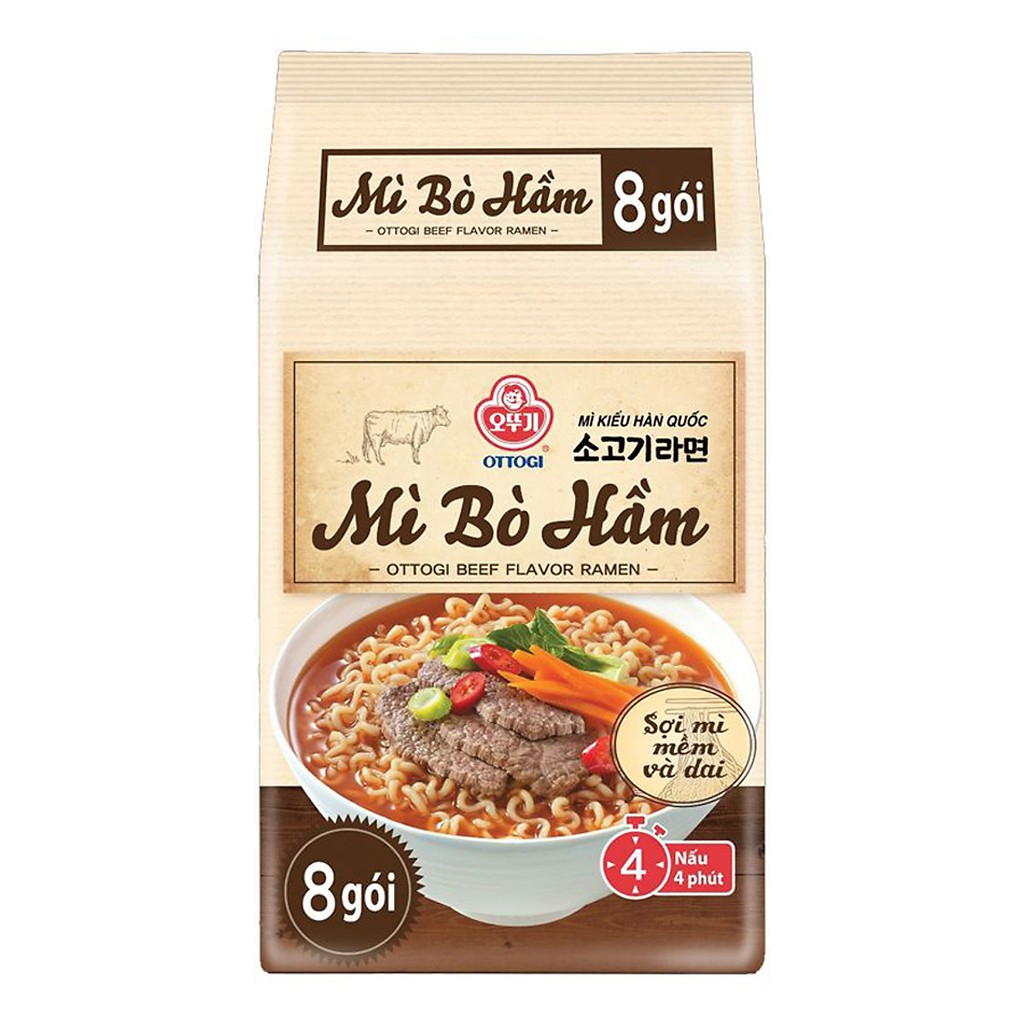 Lô 8 gói Mì Bò Hầm Ottogi đủ 2 vị kim chi, bò hầm 120g x 8 Gói