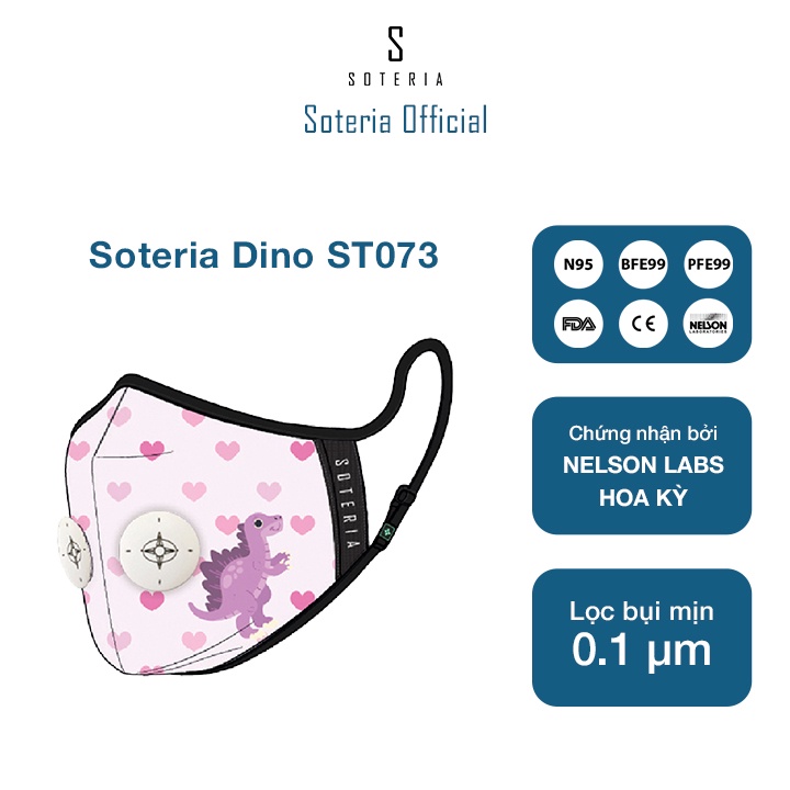 Khẩu trang tiêu chuẩn Quốc Tế SOTERIA Dino ST073 - Bộ lọc N95 BFE PFE 99 lọc đến 99% bụi mịn 0.1 micro- Size S,M,L