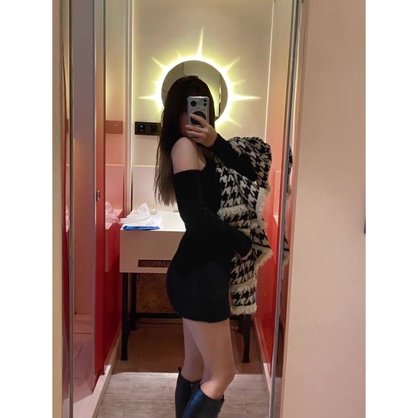 Váy đầm len ôm body chất lông mịn hở vai cổ yếm sexy đi tiệc đi bar đi chơi du lịch tết 2021