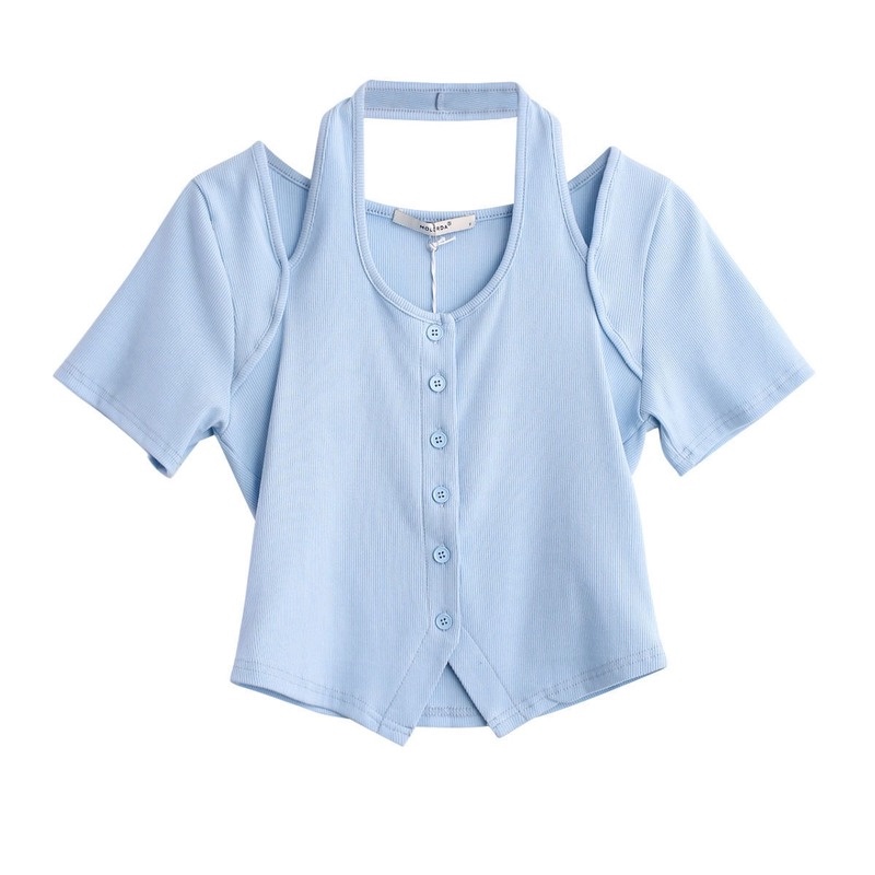 Áo Thun Cổ Yếm Ngắn Tay Xẻ Tà Thời Trang Mùa Hè Dành Cho Nữ