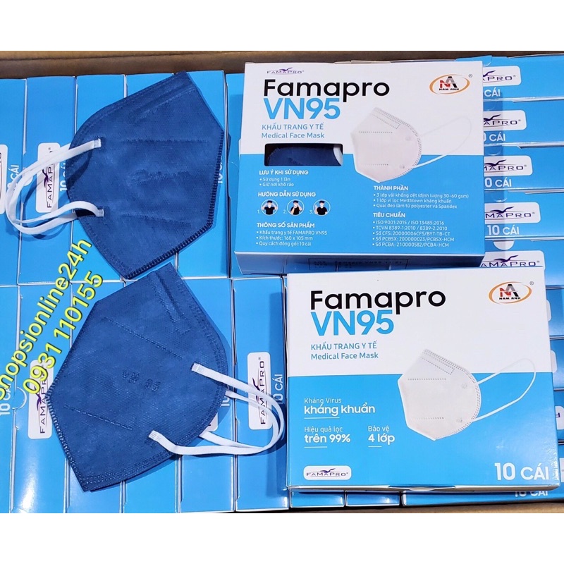 ✅[ Hộp 10 cái ] Khẩu Trang Y tế VN95 , N95 màu xanh navi chính hãng Famapro Nam Anh