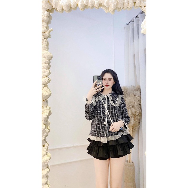 Áo khoác dạ nữ họa tiết caro cổ phối bèo piter sang chảnh Bling Store