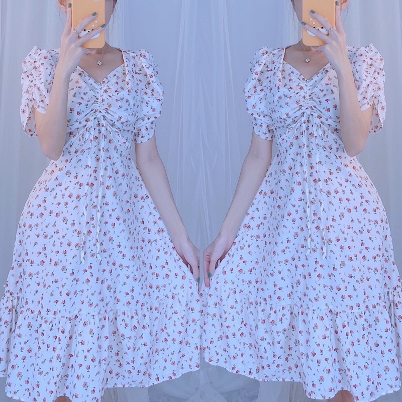 Đầm hoa nhí dây rút tay phồng