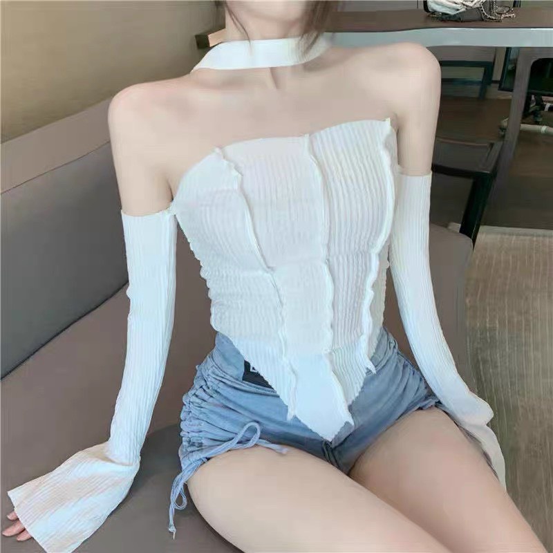 Áo tay dài Body bẹt vai cổ choker cách điệu line nổi Phong cách sexy, áo Blackpink Gợi cảm Chất mịn gân