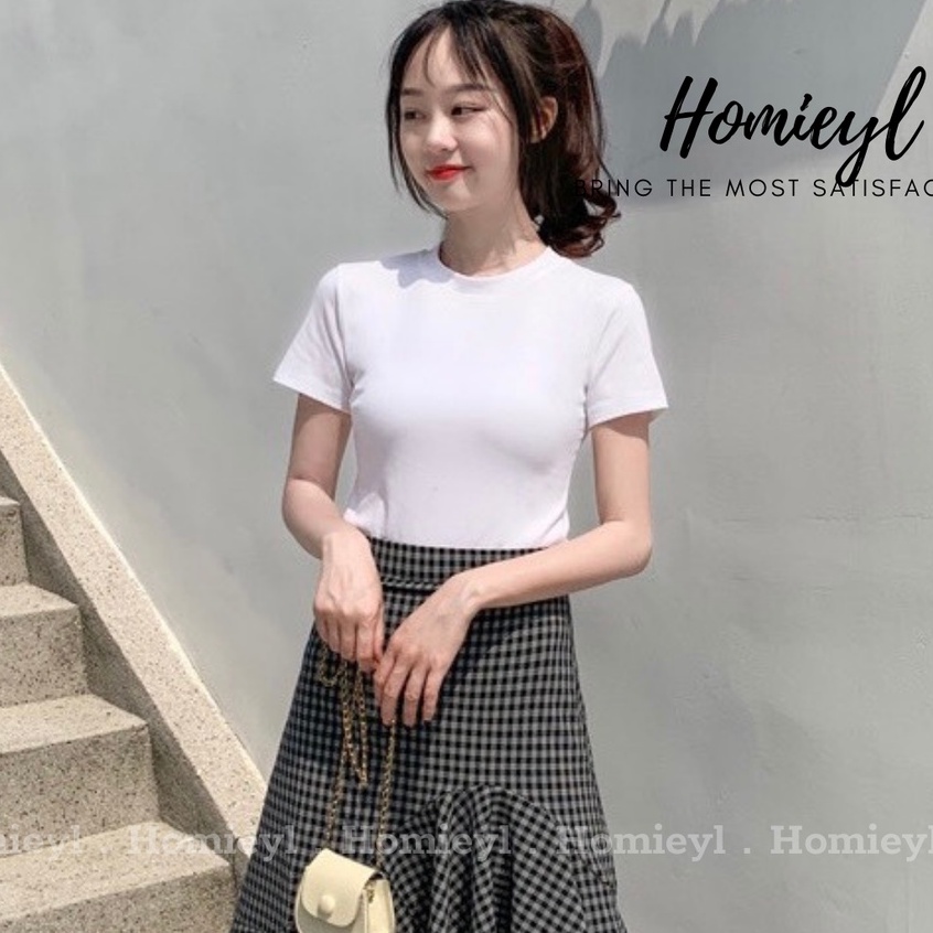 Áo thun trơn nữ cổ tròn cộc tay dáng ôm body basic Homieyl cao cấp, áo phông trơn nữ cotton O đen trắng H207