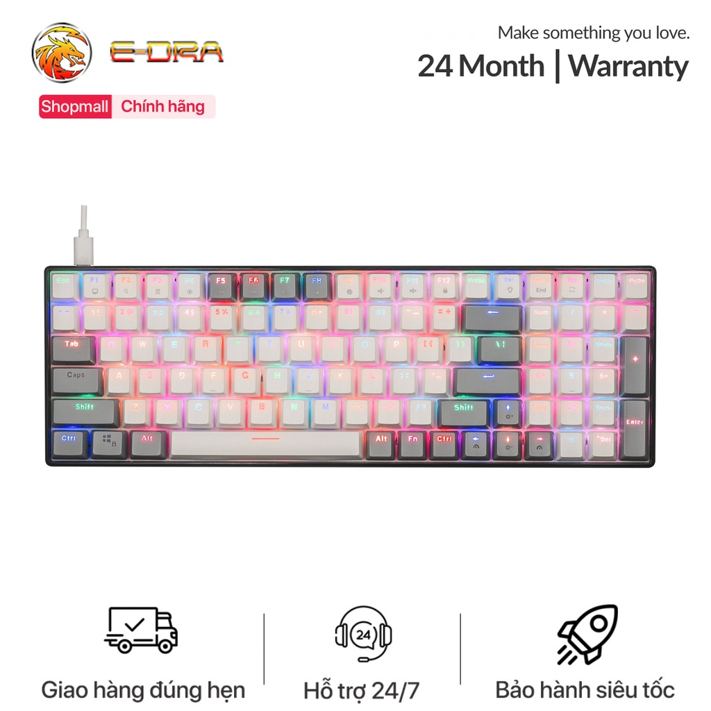 Bàn phím cơ E-DRA EK396 RGB - Led RGB - Switch Huano - Keycaps PBT - 96 phím - Cáp USB TypeC - Bảo hành 24 tháng