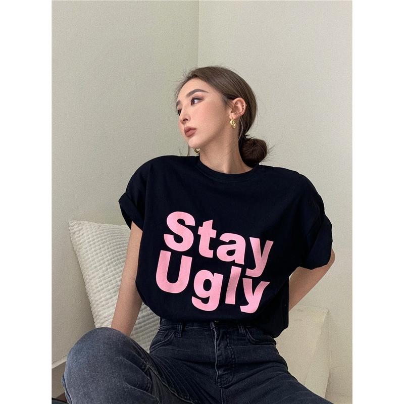 Áo Thun Nữ Tay Ngắn Cổ Tròn In Chữ Phong Cách Hàn Quốc