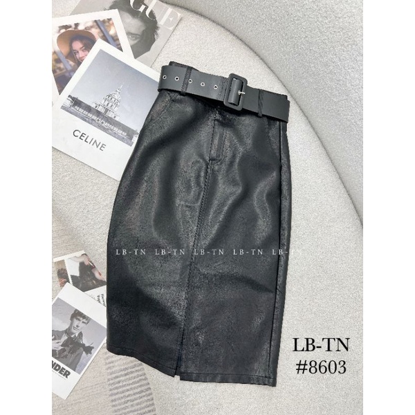 Chân váy da ôm dài , xẻ trước , kèm đai .