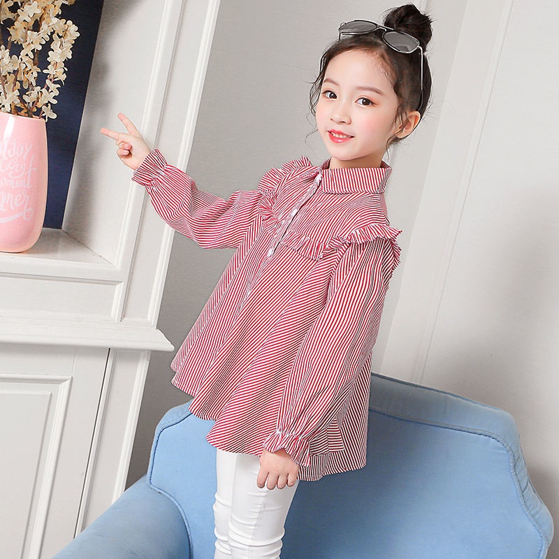 Áo Sơ Mi Kẻ Sọc Viền Bèo Phong Cách Hàn Quốc Thời Trang Mùa Xuân Mới 2022 Cho Bé Gái