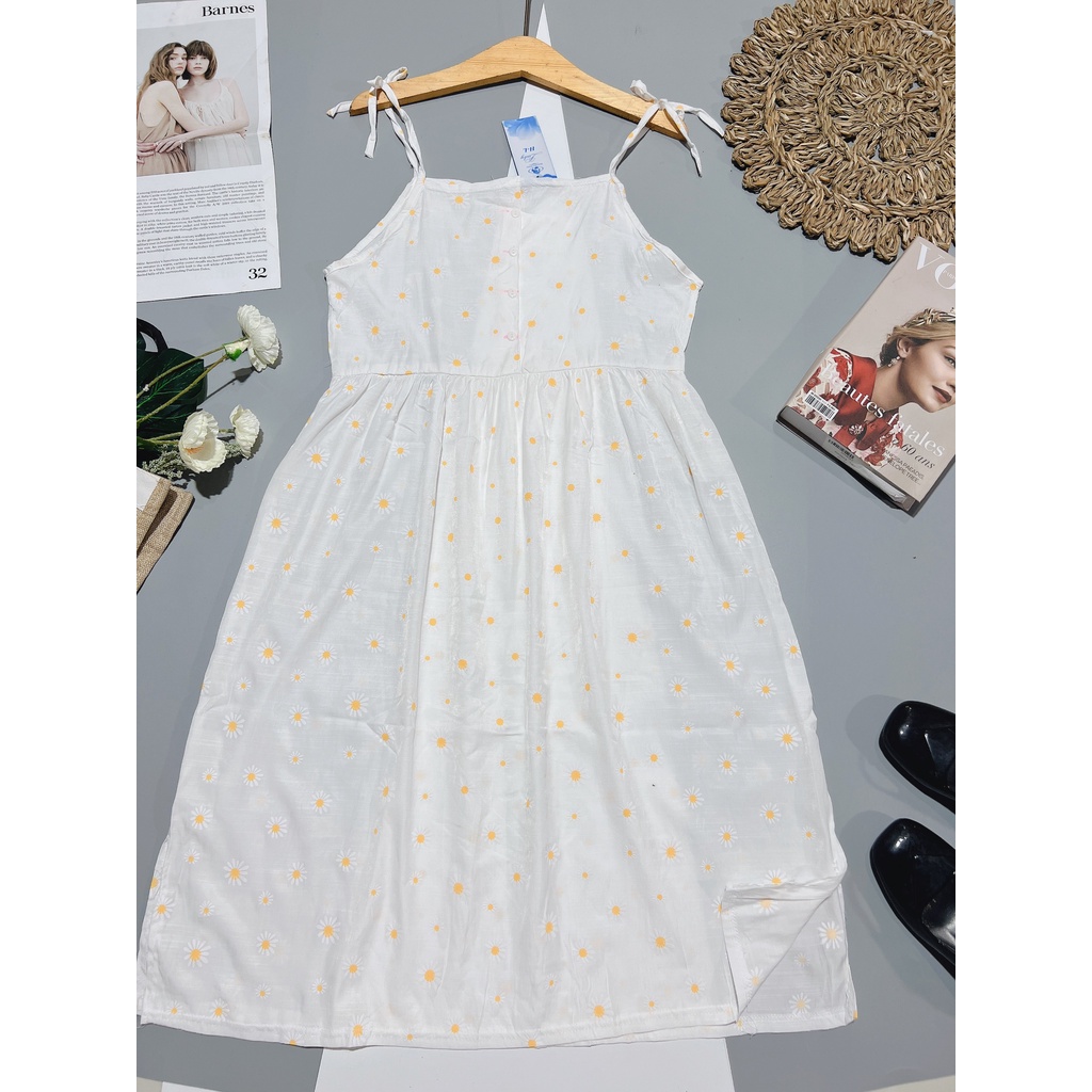 Đầm - Váy babydoll 2 dây HOA CÚC mùa hè nơ vai chất đũi loại 1 siêu mát maxi (Ảnh thật) - Ngọc Uyên Store