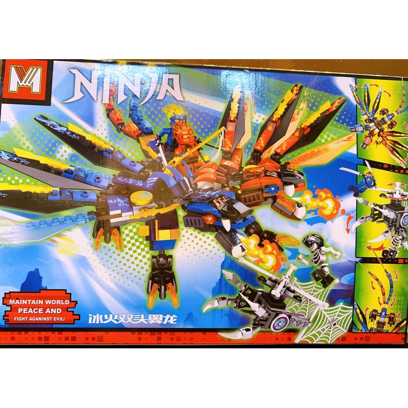 NINJAGO_Lego Ninja MG121 Cưỡi RỒNG 2 ĐẦU XANH DƯƠNG+ ĐỎ (426 mảnh)+ JAY Ninja Sấm Sét + KAI Ninja lửa + FRAKJAW