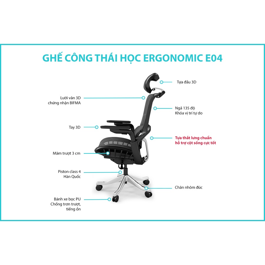 Ghế công thái học Nghia Furnniture Ergonomic 04 - Bigsize, hỗ trợ thắt lưng mạnh mẽ, ngả sâu 140 độ