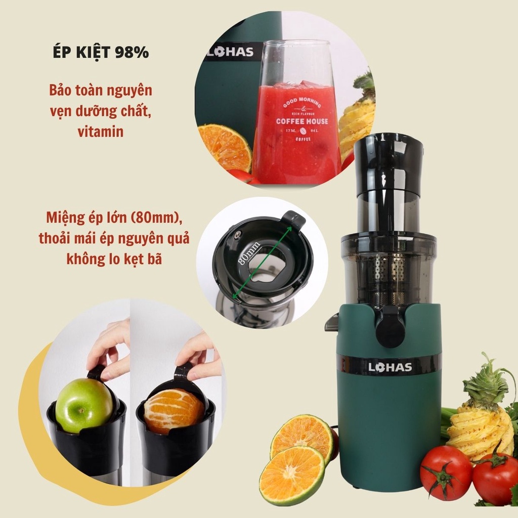 Máy Ép Chậm, Ép Trái Cây Cao Cấp Thương Hiệu LOHAS LS-229 Công Suất Lên Tới 200W, Làm Kem, Sữa Hạt