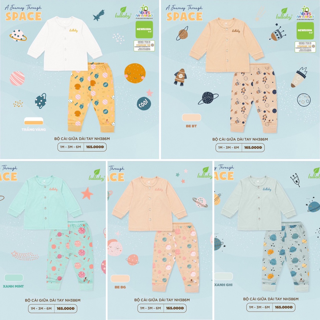 [ LULLABY ] Bộ quần áo cài giữa dài tay cho bé từ sơ sinh đến 6 tháng NH386M