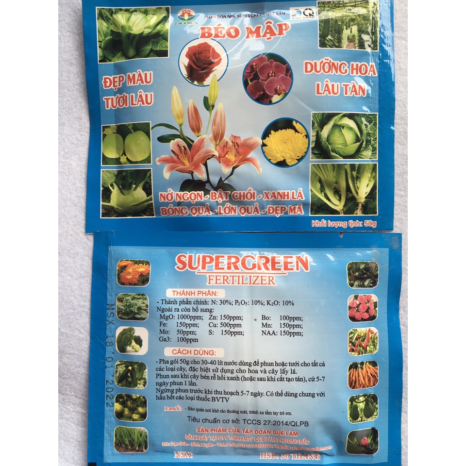 PHÂN BÓN NPK SUPERGREEN QUẾ LÂM BÉO MẬP ĐẸP MÀU TƯƠI LÂU DƯỠNG HOA LÂU TÀN NỞ NGỌN BẬT CHỒI , XANH LÁ - BÓNG QỦA LỚN QỦA