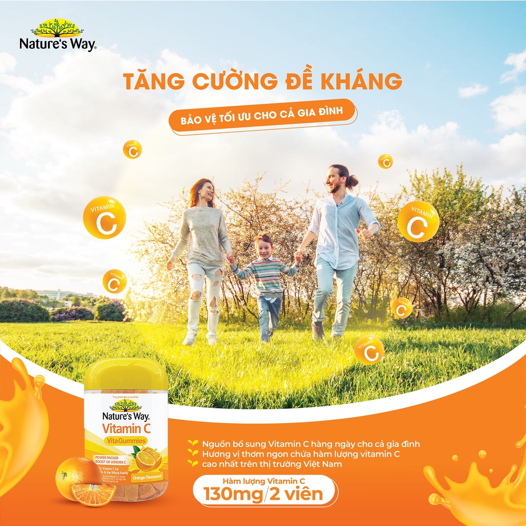 Combo 2 Kẹo Dẻo Vitamin C Vita Gummies NATURE'S WAY Tăng Cường Hệ Miễn Dịch, Hộp 120 Viên x 2