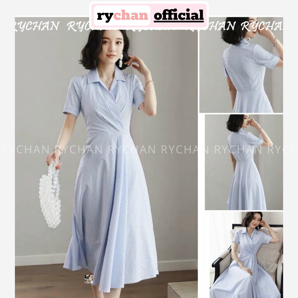 Đầm Xòe Công Sở Đắp Chéo Sọc Xanh Cổ Bẻ - DX657