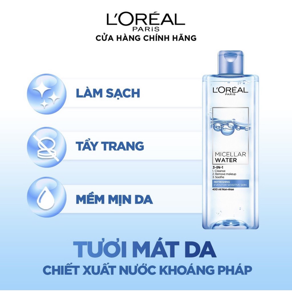 [ TẶNG BÔNG TẨY TRANG ] TƯƠI MÁT .Nước tẩy trang cho mọi loại da L'Oreal Paris 3-in-1 Micellar Water 400ml | BigBuy360 - bigbuy360.vn