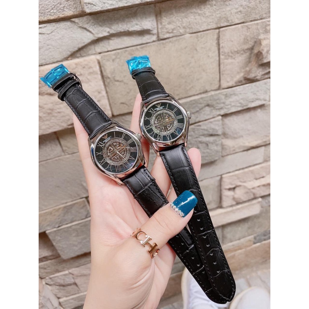 Đồng hồ nam nữ Armani AR4677 AR4678 , dây da màu đen , máy cơ hở máy , size 43mm và 35mm