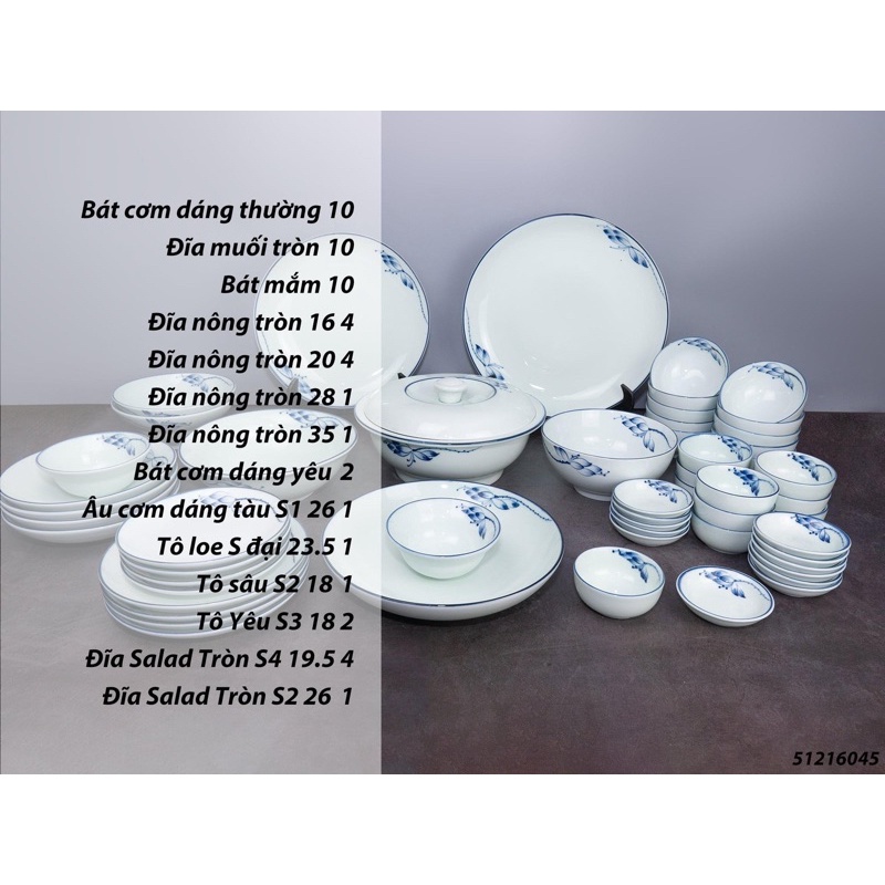 Bộ Bát Đĩa Men Lam Vẽ Sen Thu Bát Tràng