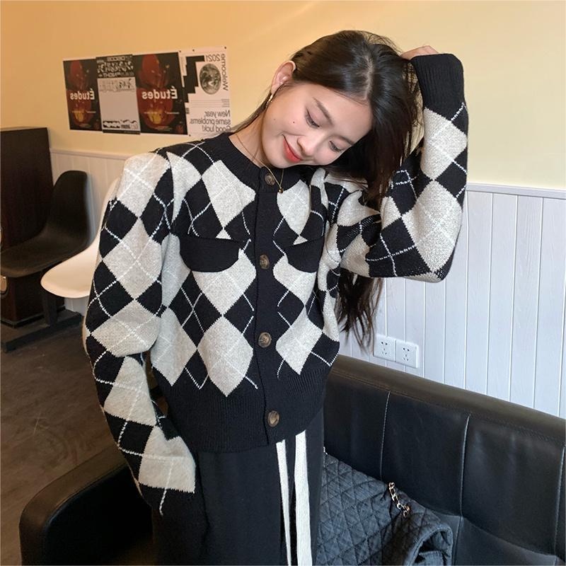 ZHELIHANGFEI Áo Cardigan Dệt Kim Tay Dài Lưng Cao Kiểu Retro Xinh Xắn