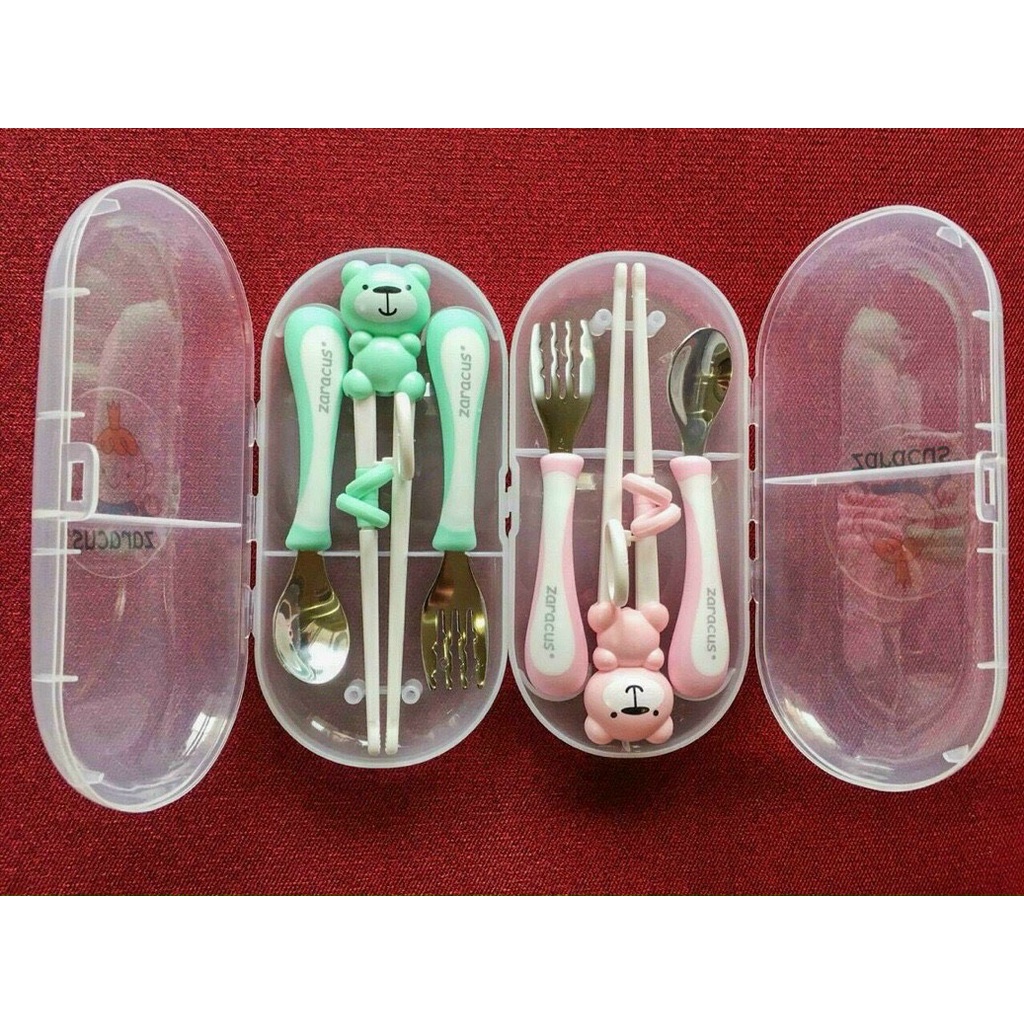 Set thìa, dĩa, đũa tập gắp ZARACUS cao cấp chính hãng hình Gấu cho bé