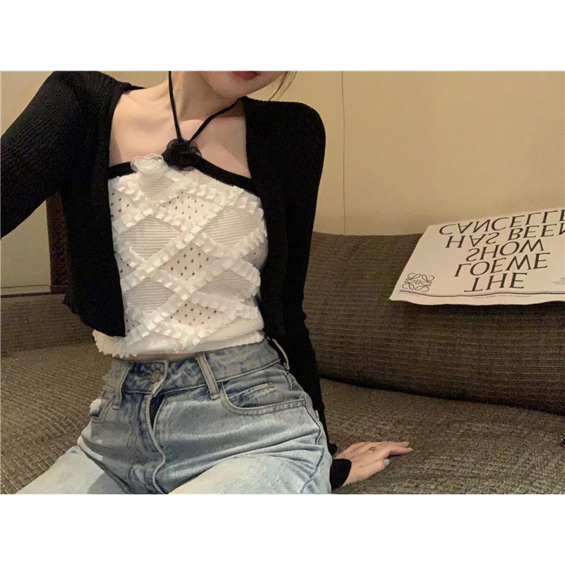 Bộ Áo Khoác cardigan Hai Dây Dệt Kim + Áo Khoác cardigan Màu Đen Phong Cách Hàn Quốc Thời Trang Cho Nữ
