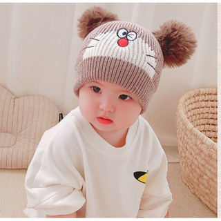 Mũ len mèo 2 quả bông , nón len mèo ấm áp cho bé dưới 12 tháng tuổi mẫu mới nhất 2021...
