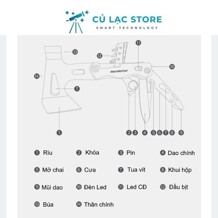Búa rìu dã ngoại đa năng kết hợp đèn Led