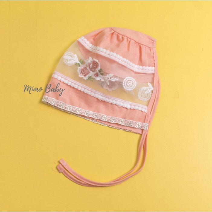 Mũ nón tiểu thư vải đũi phối ren thêu hoa xinh xắn cho bé gái MTT141 Mimo Baby