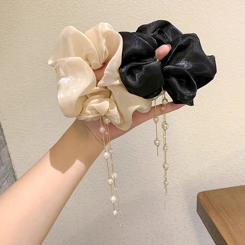 Cột tóc vải scrunchies đính dây ngọc hàn quốc dây buộc tóc scrunchies nhiều màu