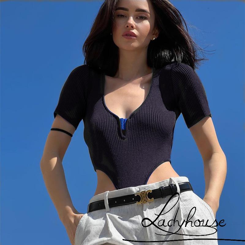 Áo Liền Quần Ngắn Tay Cổ Chữ V Màu Trơn Dáng Ôm Gợi Cảm Cho Nữ