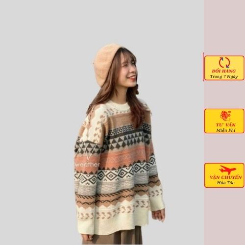 Áo len nữ vintage thổ cẩm dài tay oversize phom rộng ulzzang hàn quốc mùa thu đông