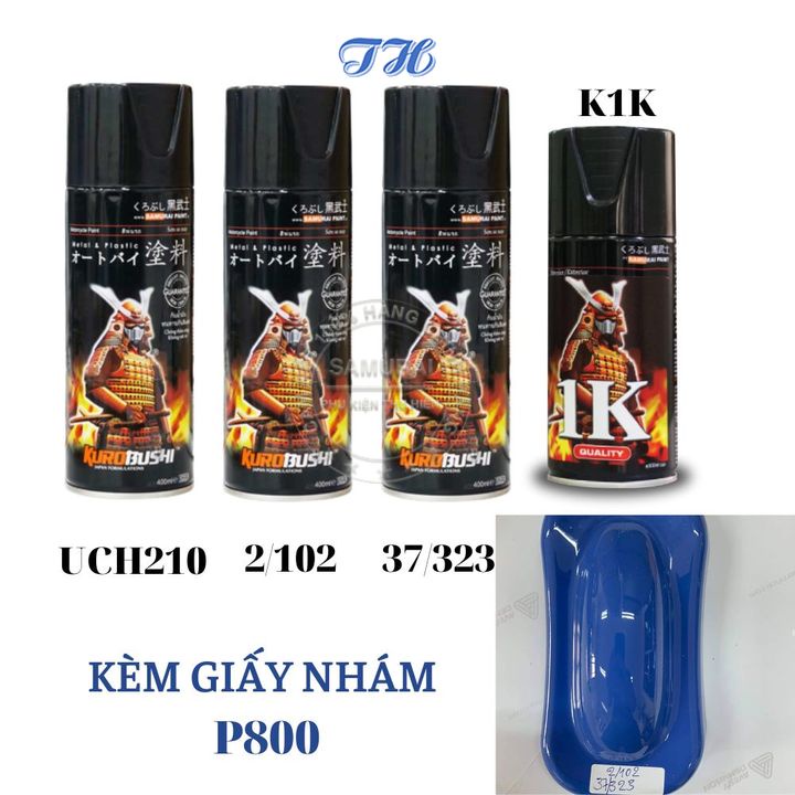 Combo 4 chai sơn samurai 37/323 Màu hoa chuông gồm: uch210 - 2/102 - 37/323 - k1k - giấy nhám p800