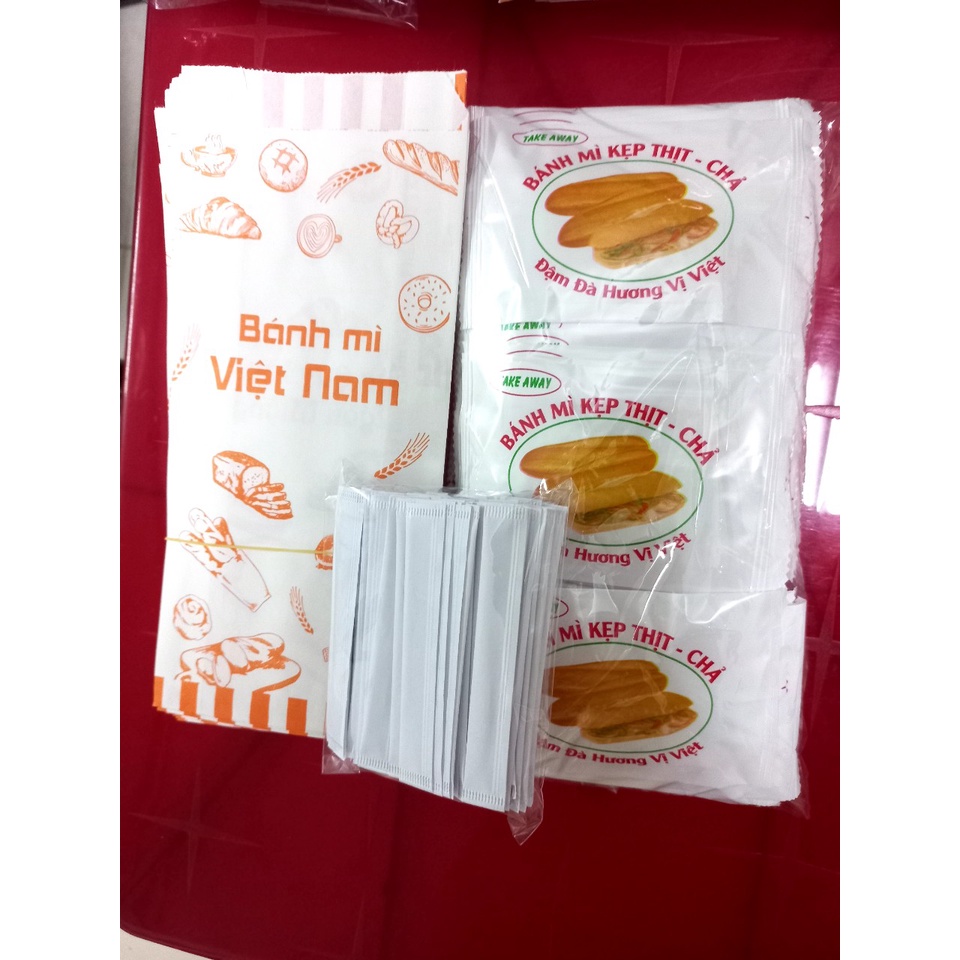 Combo 100 cái túi giấy + khăn lạnh kẹp thịt chả + tăm
