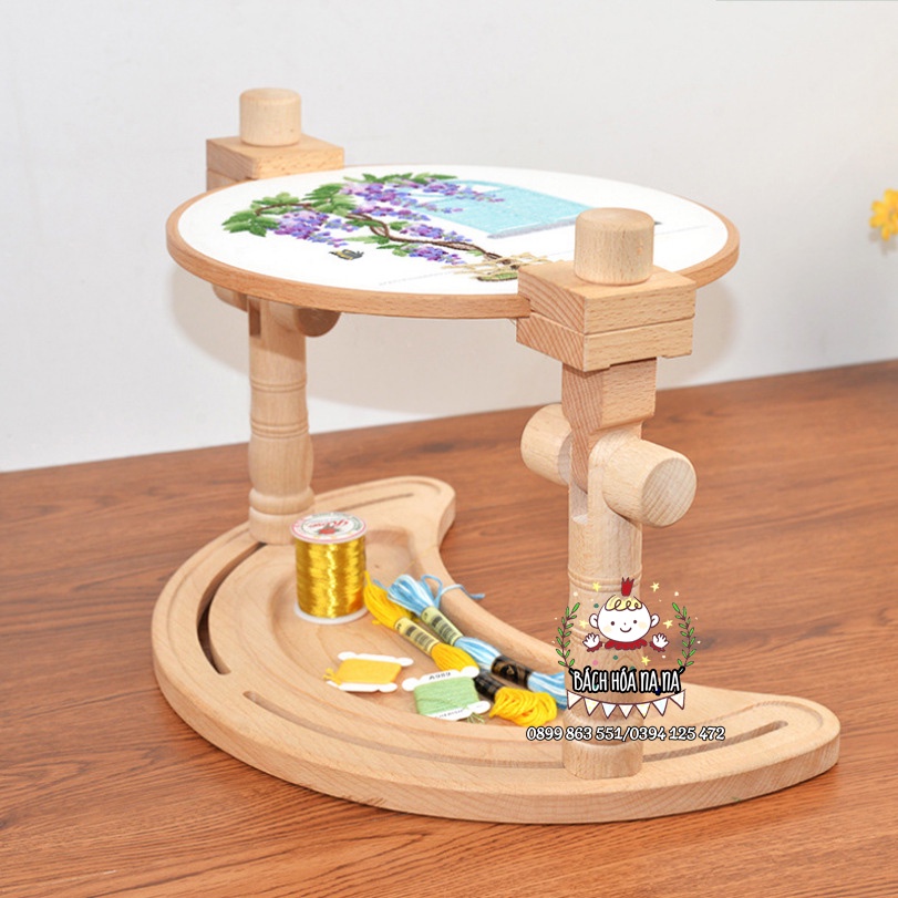 Khung Thêu Chân Đế Gỗ Sồi Giá Đỡ Thêu Tay / Đế Kẹp Khung Thêu Gỗ Mộc - Set Bán Nguyệt Có Tặng kèm Căng thêu 16cm