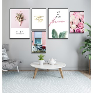 Bộ 5 tranh canvas treo tường hoa Peony hồng phối chữ hiện đại LIN340