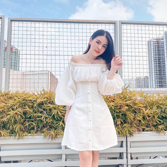 Đầm trễ vai tay phồng nút bọc Đầm dự tiệc Jna Official