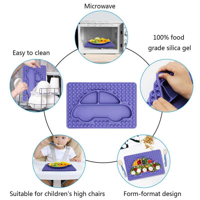 Đĩa Ăn Dặm Chia Ngăn Bằng Silicone Không BPA An Toàn Cho Bé Kèm Đồ Bấm Sử Dụng Được Trong Lò Vi Sóng
