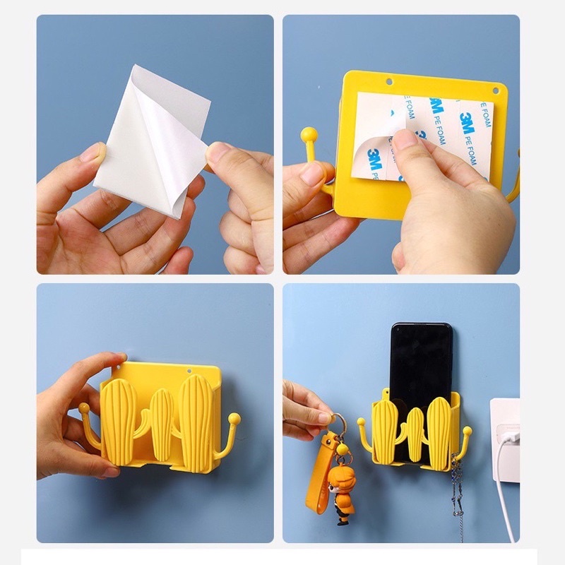 Kệ Dán Tường Có Tai Để Remote Hình Cây Xương Rồng, Đồ Dùng / Giá Đỡ Sạc Điện Thoại - Có Móc Treo Chìa Khóa