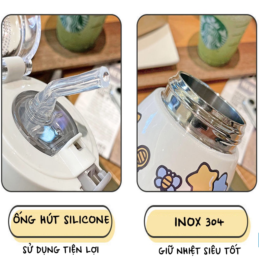Bình Nước Kèm Ống Hút, Sticker 3D Dễ Thương Phong Cách Hàn Quốc Cho Bé. Người Lớn COC003