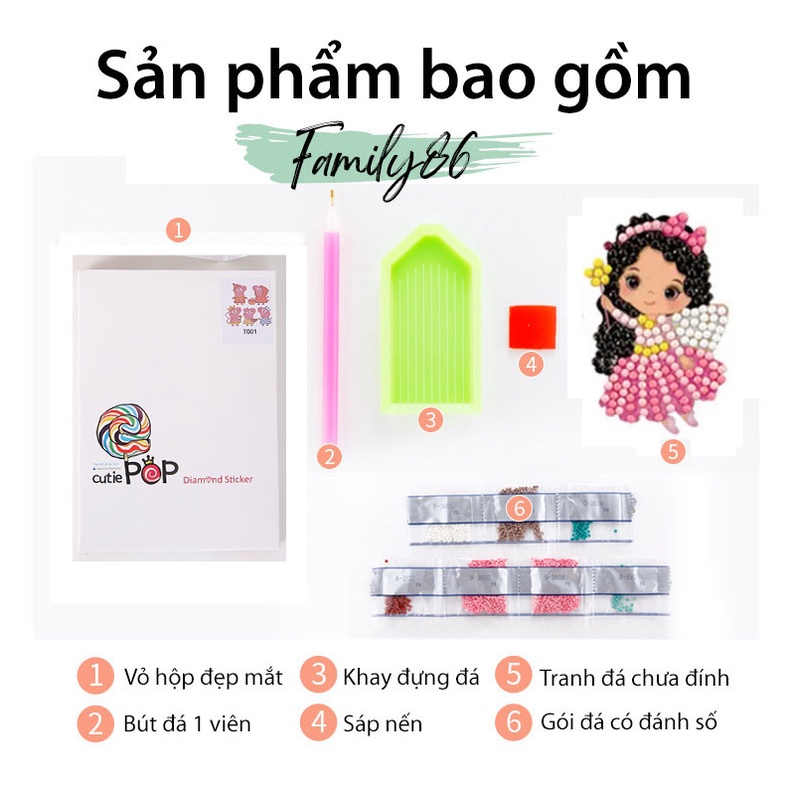 Tranh đính đá mini nhỏ cho bé, tranh đá tự đính tự làm hình công chúa đẹp mắt
