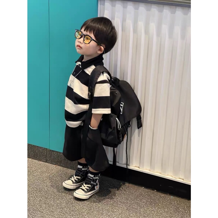 Bộ Áo Thun Cotton Ngắn Tay + Quần Short Dáng Rộng Phong Cách Hàn Quốc Thời Trang Mùa Hè Cho Bé Trai