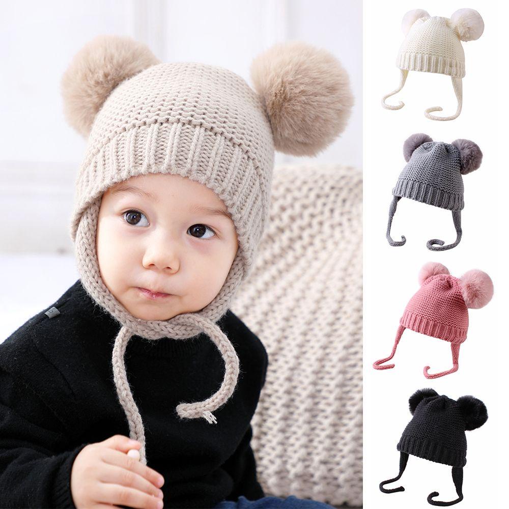 Mũ Beanie Đính Bóng Lông Xù 24 Ấm Áp Mùa Đông Cho Bé