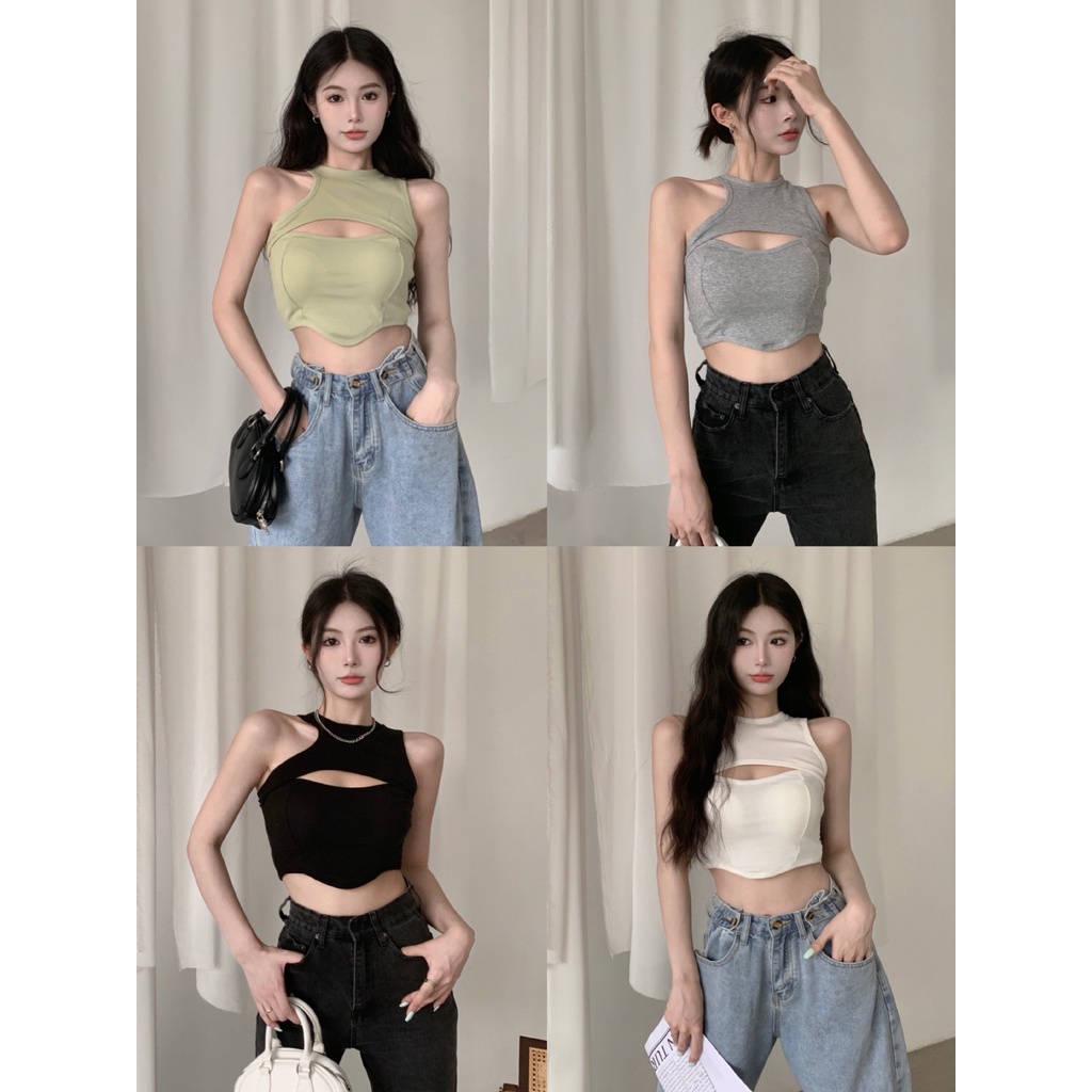 Áo Bra Nữ Cotton Gân Tăm Kiểu Khoét Ngực Có Đệm Mút Siêu Quyến Rũ E8