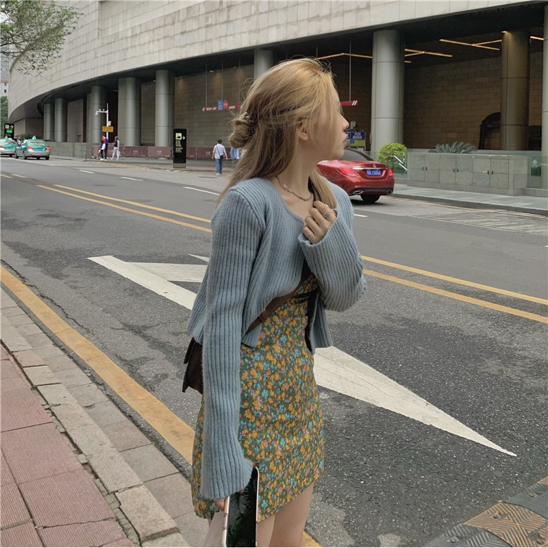 [ CÓ SẴN ] Set đầm hoa Ferrax dáng suông + áo khoác Cardigan xanh | BigBuy360 - bigbuy360.vn