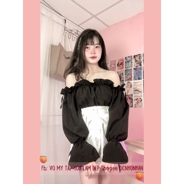 Set áo bẹt vai tay cột nơ + quần short