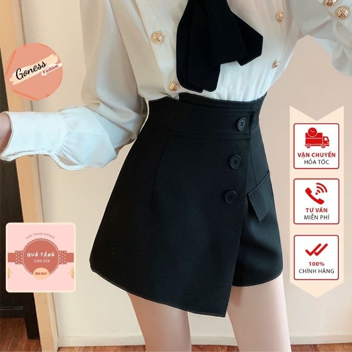 Quần short nữ Goness cạp cao giả váy kiểu vạt chéo phối cúc cao cấp co giãn tốt phong cách retro